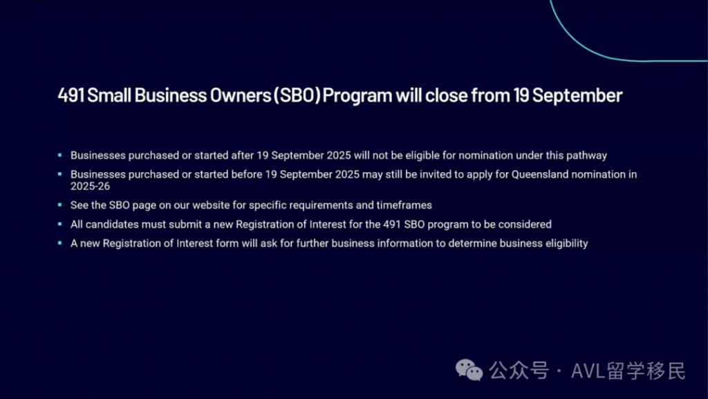 昆州州担保 491 小生意业主通道将于 2025年9月19日关闭，19日后购买或创立生意将无法获得491签证提名，澳洲移民申请人需尽早提交 ROI。